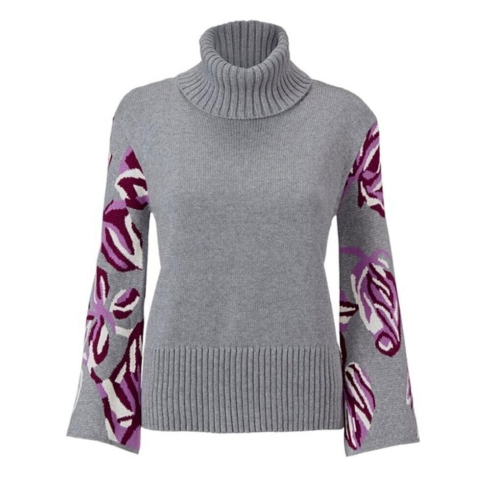 Cabi Gray Floral Flare Sleeve Eden Pullover Turtleneck Sweater